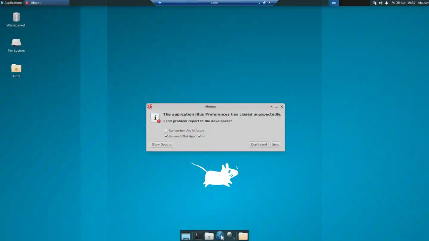 xfce4 landing screen. Don't send details of the crashed IBUS Preferences